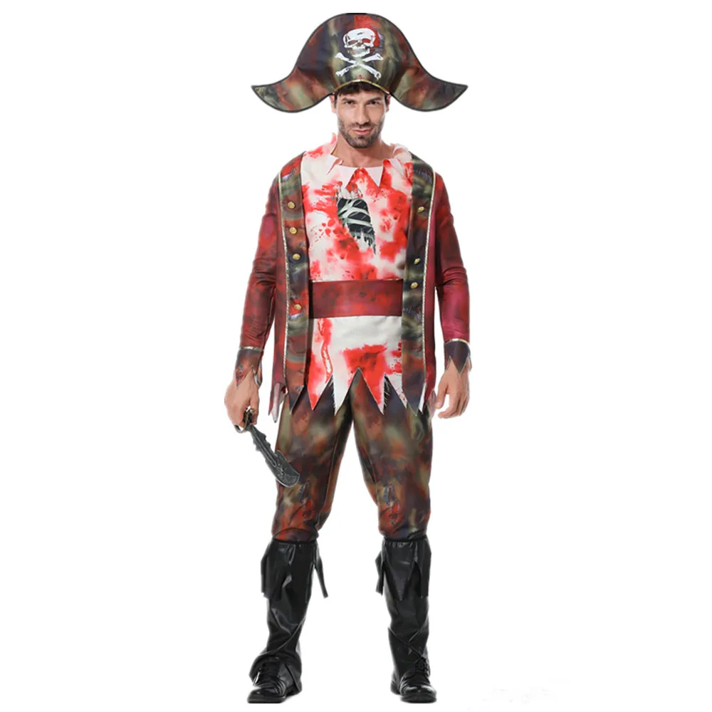 

M-XXL Adult Terror Bloody Zombie Men's Pirate Costume Halloween Party Masquerade Cosplay Ghost Skull Captain Clothing Suit