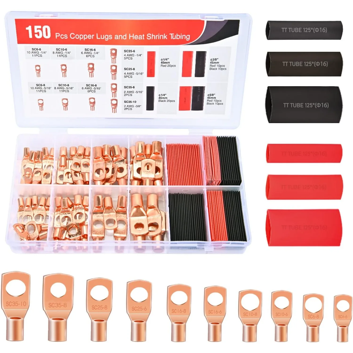 Nilight 150PCS Copper Wire Lugs and Heat Shrink Tubing 2 4 6 8 10 AWG Heavy Duty Battery Terminal Crimp Connectors 70 PCS 80 3:1 Heatshrink Assortment Kit