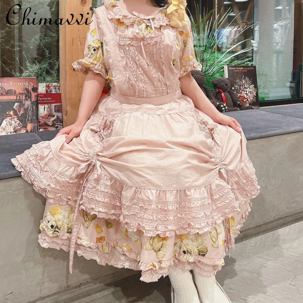 Japanese Sweet Bow Decoration Lace Drawstring Back Strap Suspender Dress Autumn New Lolita Girls Women's Solid Color Dresses