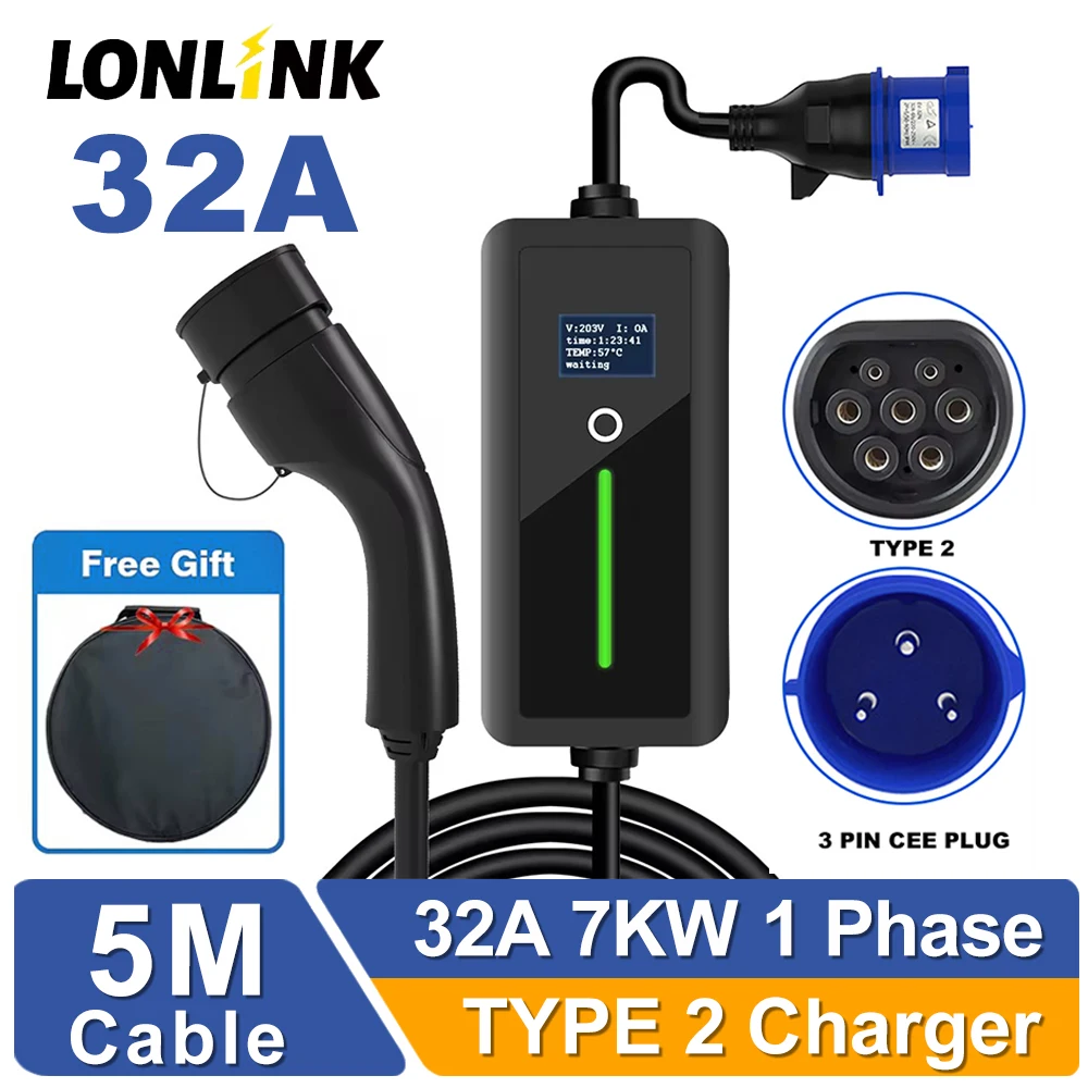 LONLONK Ev Charger Type 2 charger 7KW 32A 5 meter level 2 evse wall box charger 240v ev charger EU plug Electrical cardevices