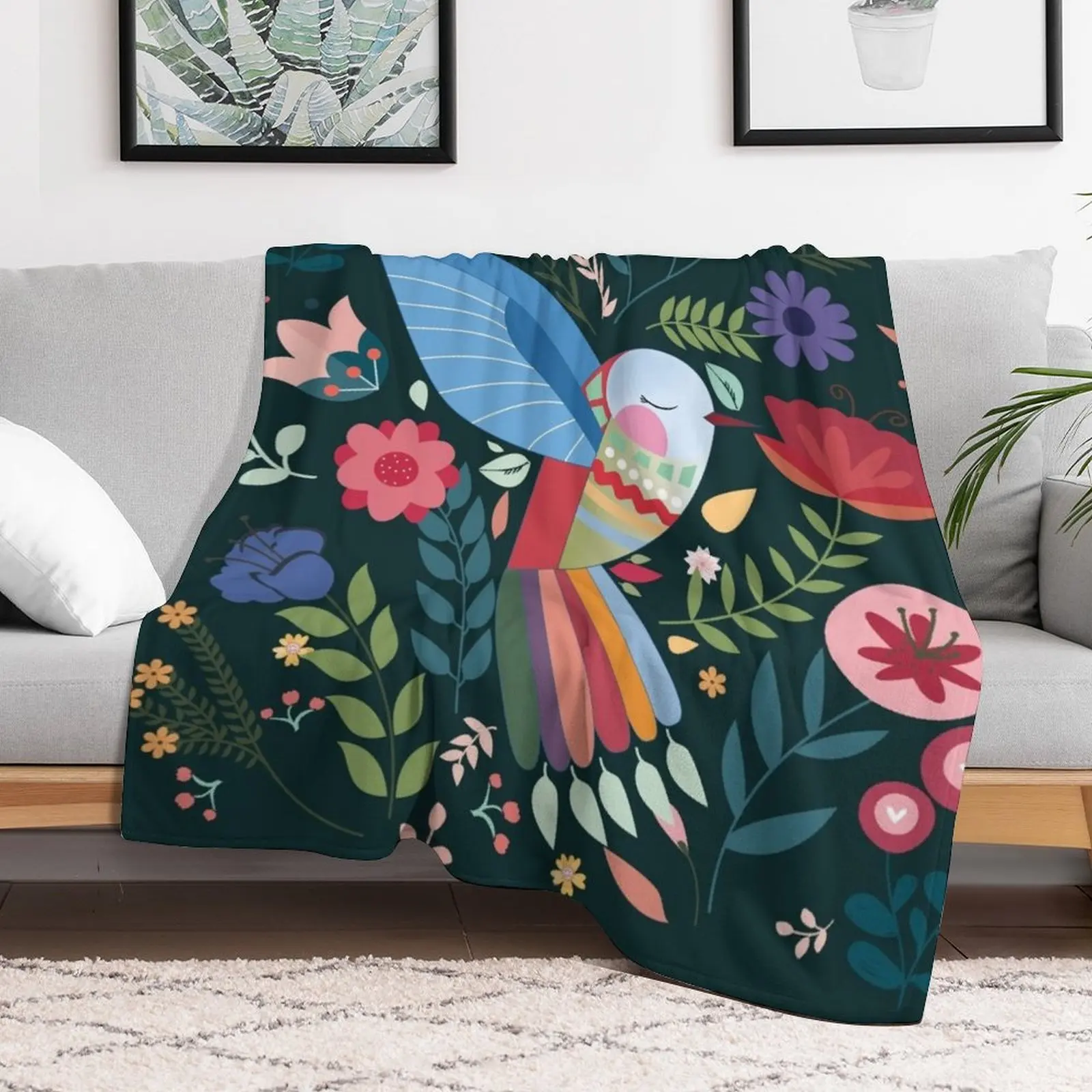 Folk Art Inspired Hummingbird With A Flurry Of Flowers Throw Blanket Hair Single Flannel Fabric Luxury Brand Blankets