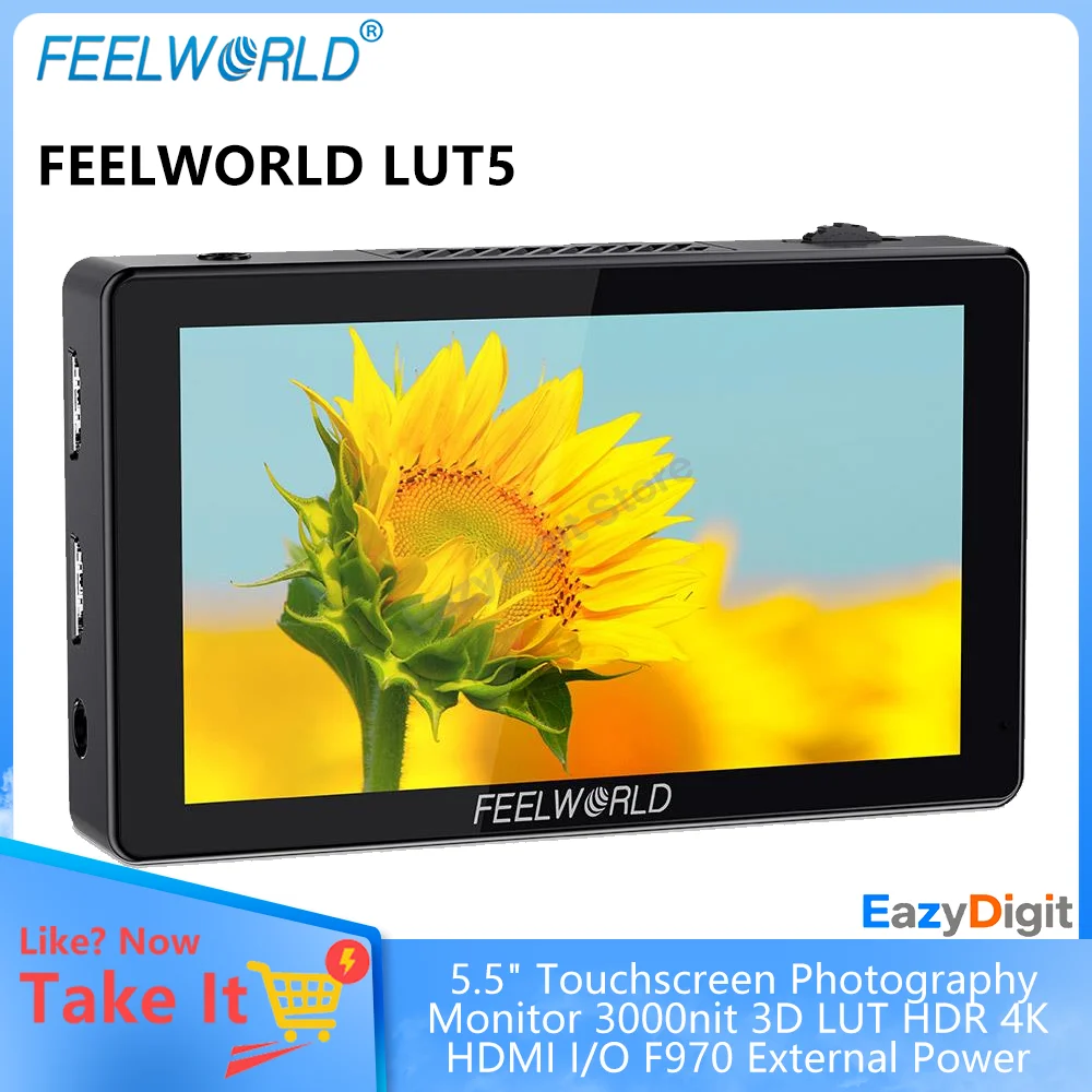 شاشة تصوير Feelworld LUT5 مقاس 5.5 بوصة تعمل باللمس 3000nit ثلاثية الأبعاد LUT Rec.709 HDR 4K HDMI I/O F970 طاقة خارجية سهلة التعديل