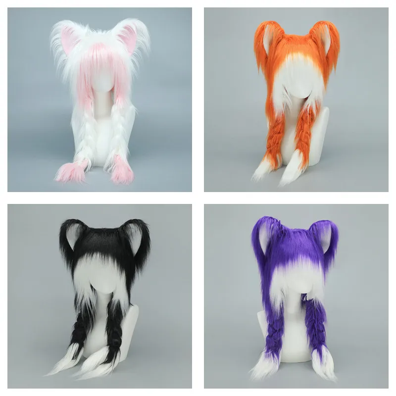 

Новая плюшевая шапка с кошачьими ушками для косплея с плетеными теплыми пушистыми наушниками ручной работы из меха животных, волчьи лисьи уши, аксессуары для головных уборов для косплея