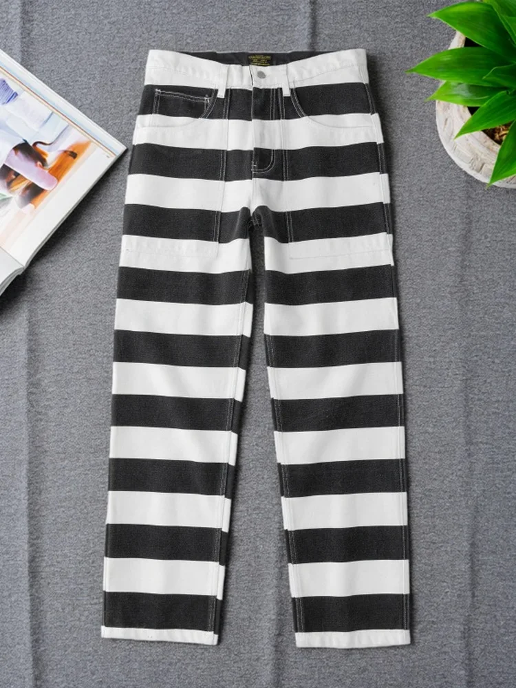 

Thiened Straight Leg Men's Casual Work Pants Ro Biker Long Trousers Knight Pants Canvas Striped Leisure Faion Ci Sle