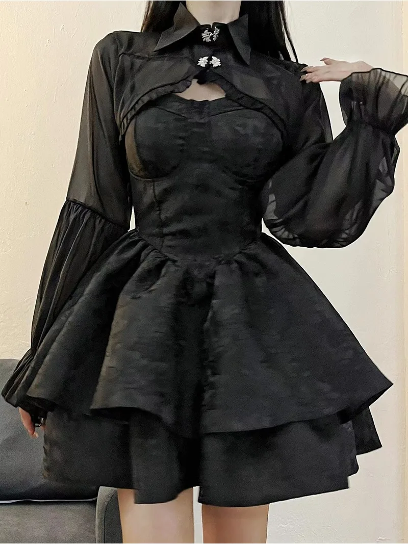 Black Sexy Lolita Dress Women Gothic Vintage Harajuku Halloween Cosplay Costumes Long Sleeve Fairy Dress Women's Two Piece Set