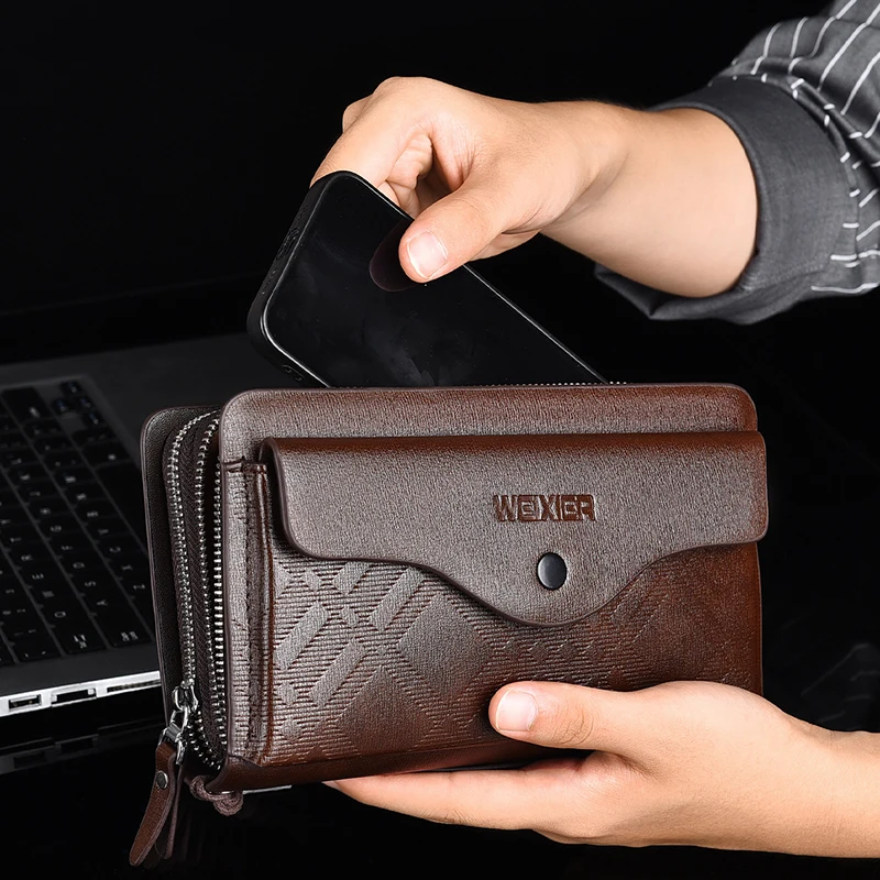 Men\'S Clutch Bag PU Leather Zipper Pouch Zipper Long Multifunction Wallet Passcard  Holder Vintage Pouch Hand Porter Bag Male