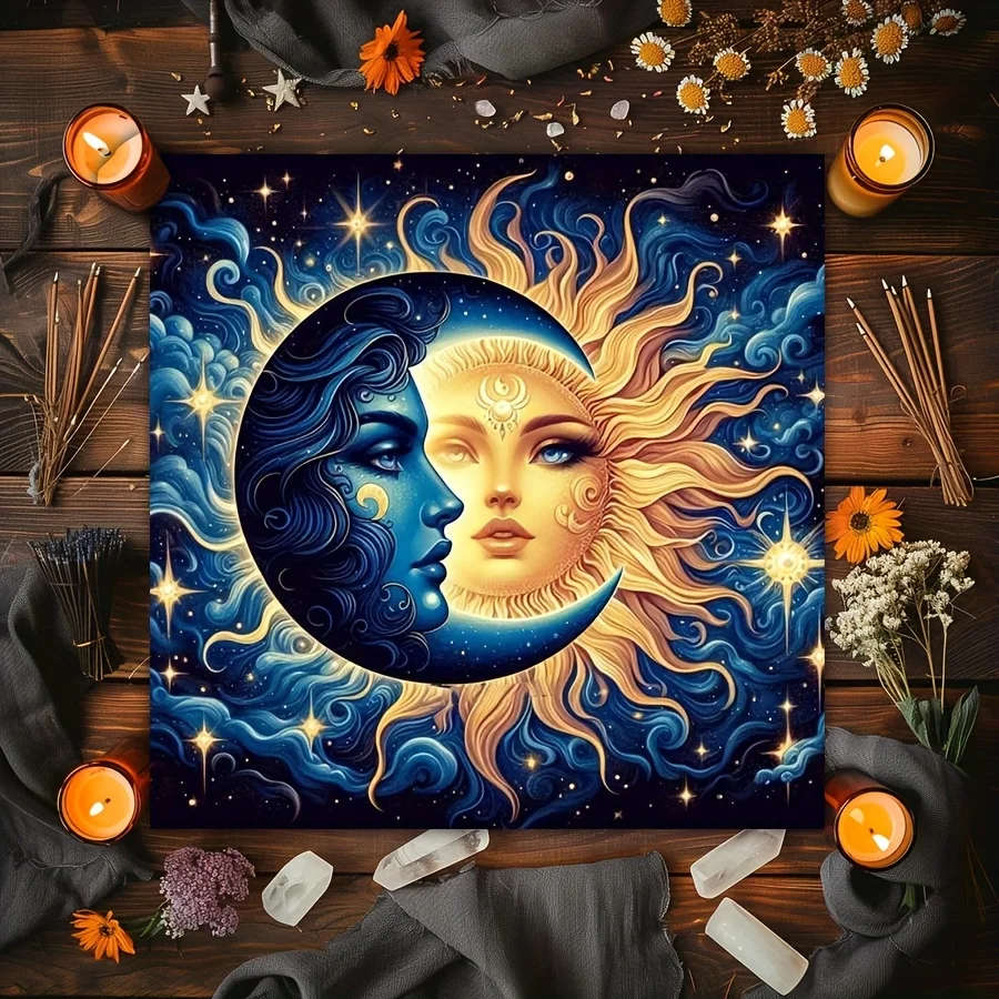 Sun & Moon Tarot Pattern Tablecloth, Star & Constellation Print, Great for Parties, Divination and Festive Decor