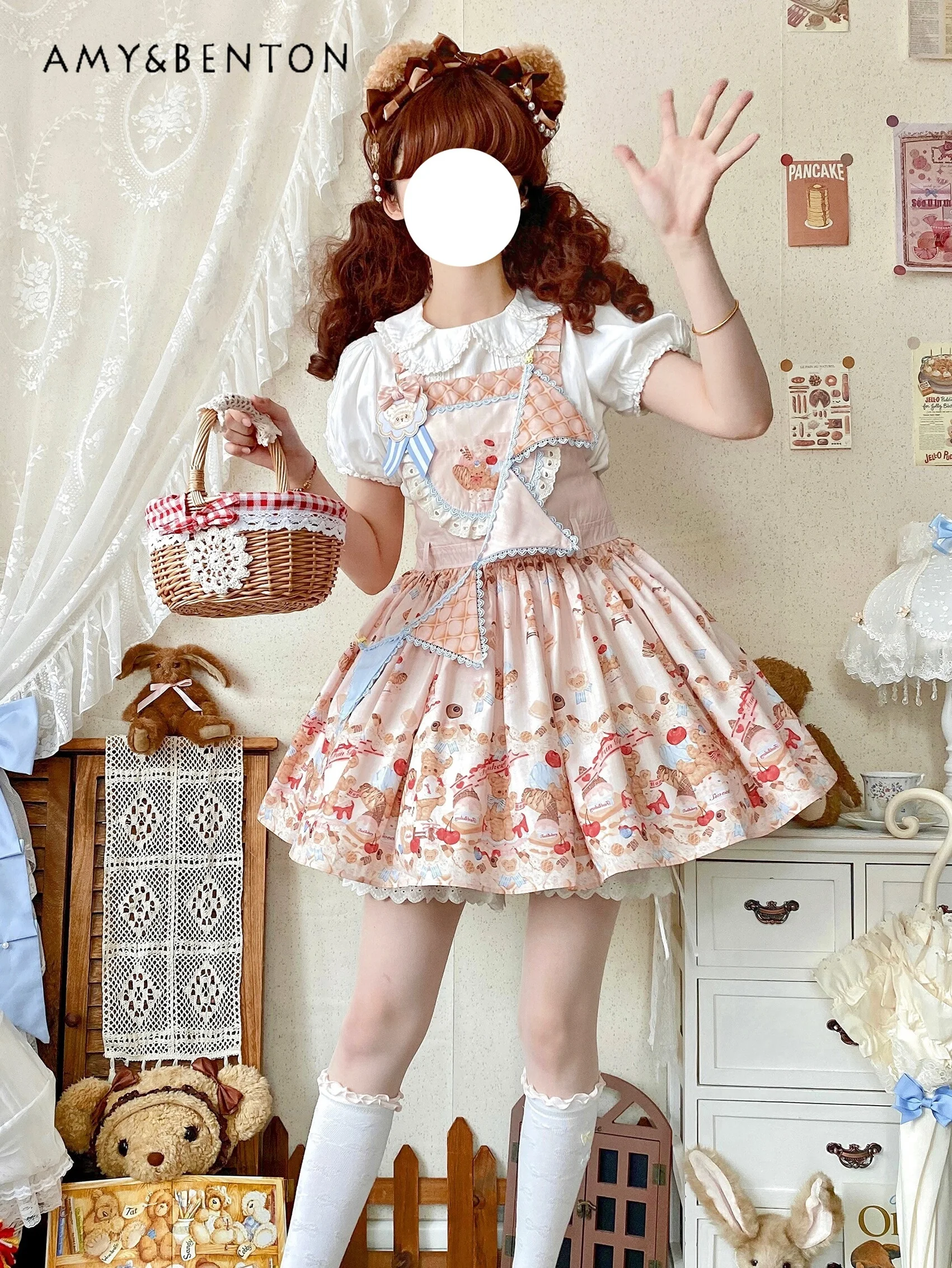 Cute Cartoon Print Lolita Dresses Summer New Sweet Lace Slim Patchwork Sleeveless Ball Gown Dress Retro Kawaii JSK Mini Dress