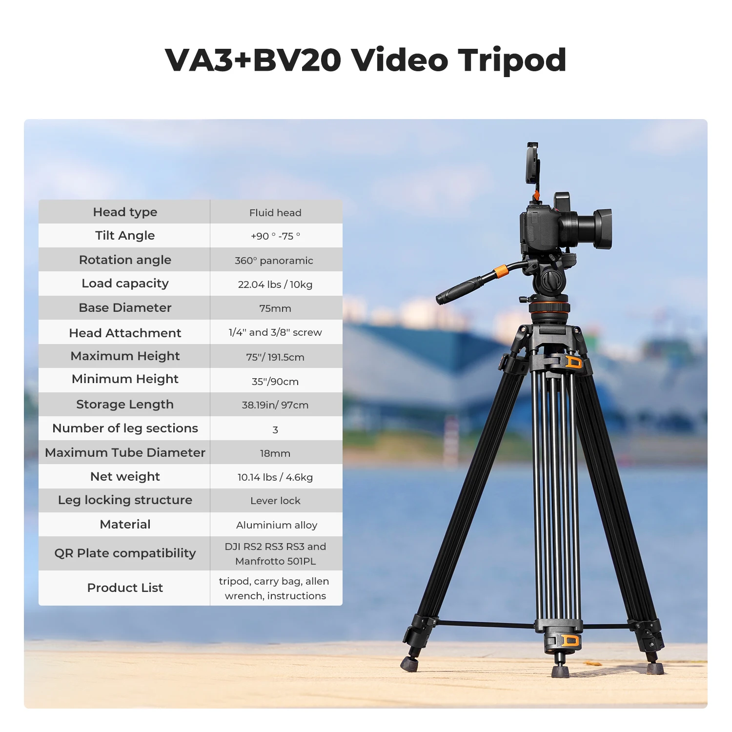 K&F CONCEPT 22lbs/10KG Load Capacity Fluid Head Tripod Max 1.91m Professional Video Camera Tripod for Heavyweight Camera VA3BV10