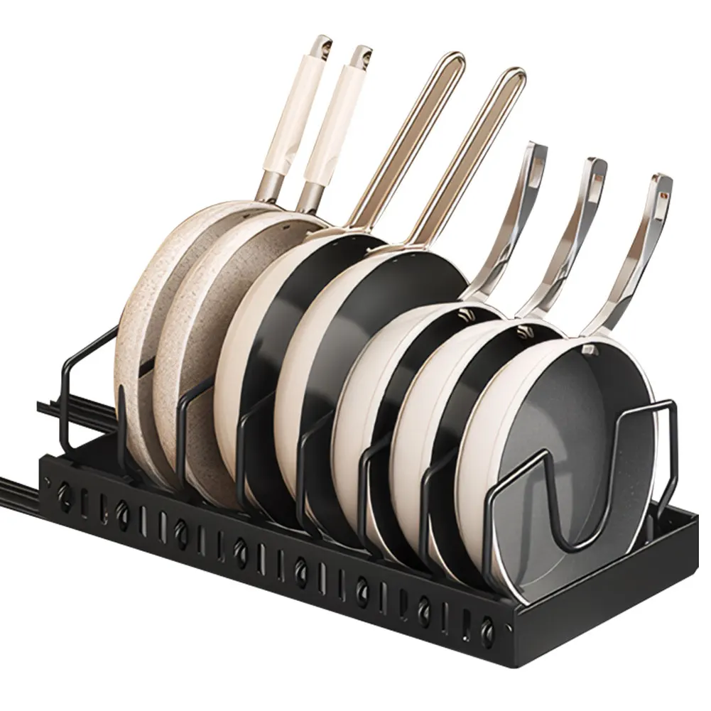 

1Pcs Kitchen Pots Pans Organizer with 8 Adjustable Dividers Sliding Lid Holder Pan Rack Slide Out Pot Pan Organizer for Pot Lid