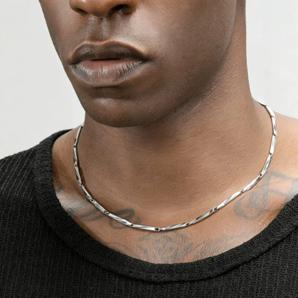 Herren Silberfarbene Edelstahl-Samenkette Halskette Hip-Hop Retro-Outfit Schmuck Einfache Mode Titan-Stahl Halskette – Detail 1
