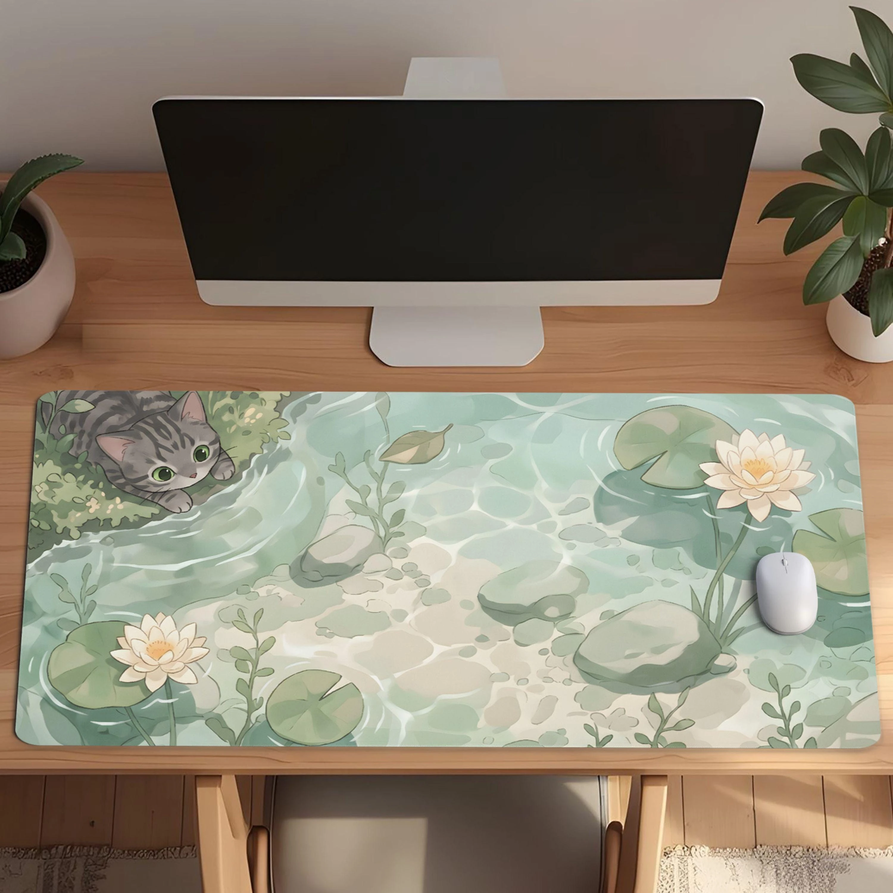 Cat Lily Pad Pond Desk Mat Large Mouse Pad Floral Mouse Pads Gamer Desk Pad for Gamers or Office Non-Skid Rubber Keyboard Mat