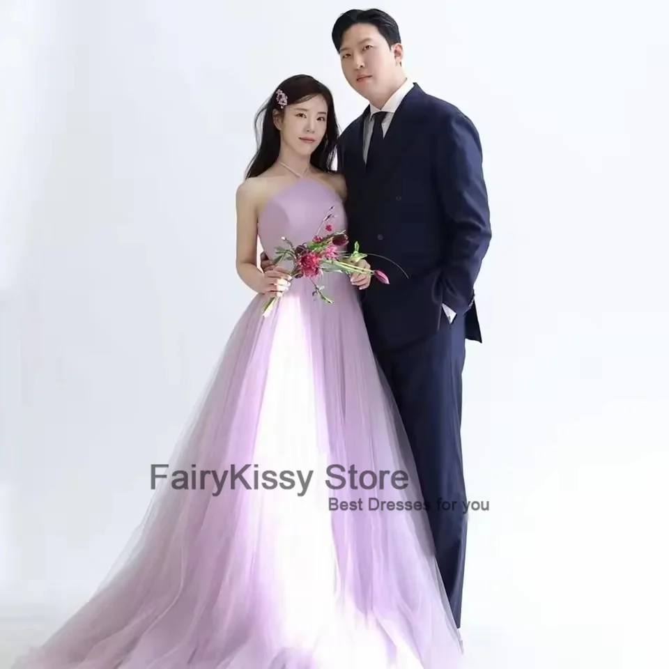 FairyKissy Fairy Baby Lila Brautkleider A-Linie Neckholder Bodenlangen Rüschen Abendkleid Korea Fotoshooting Elegante Partykleider