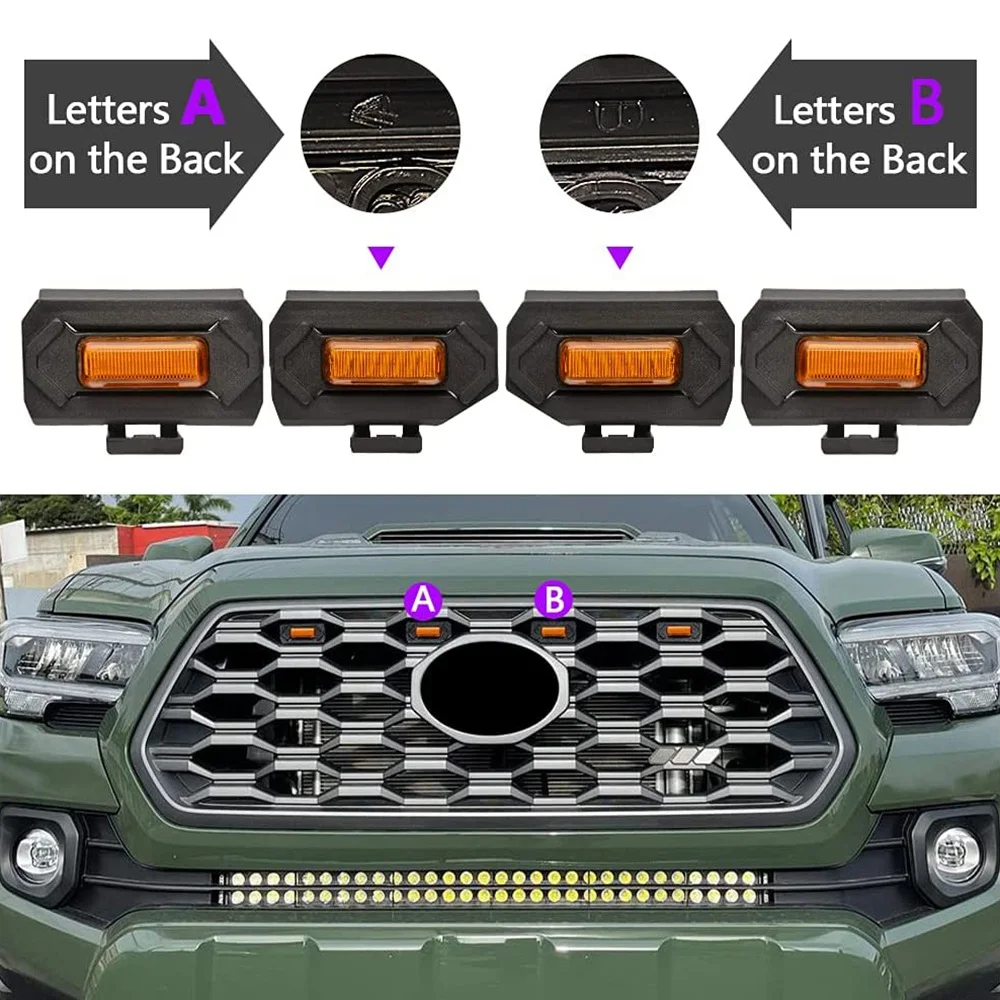 4 szt. Lampy przedni Grill LED do Toyota Tacoma Raptor TRD Off Road Sport 2020 2021 zewnętrzne lampy kratki, bursztynowe światło