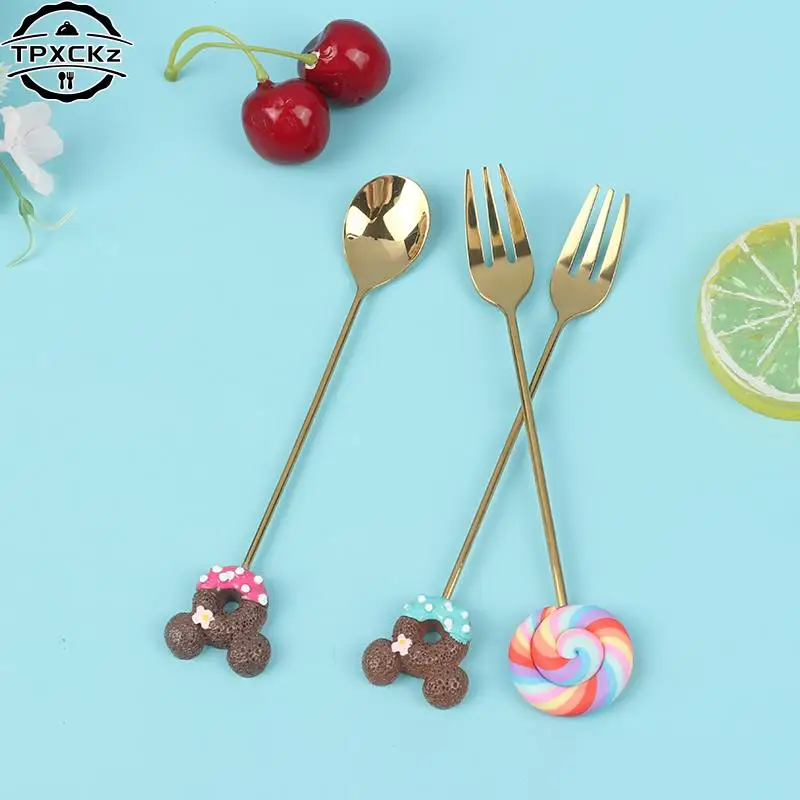 4pcs Stainless Steel Donuts Candy Spoon Forks Kitchen Tableware Milk Coffee Stirring Spoons Dessert Cake Tools Cutlery Spoon Set