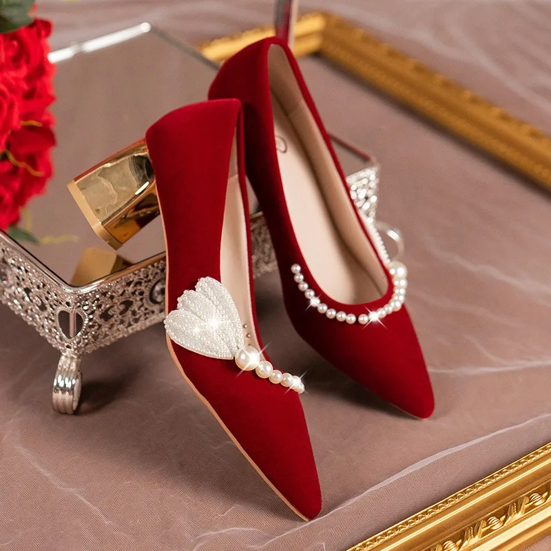 

High Quality Women's Pumps and Heels Fashion Banquet Pointed Tip Rhinestone Women Shoes Red Pearl Wedding High Heels for Women