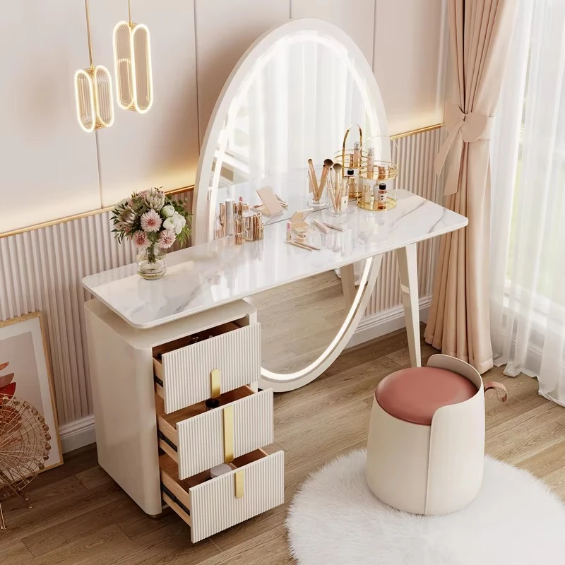 Light luxury stainless steel solid wood multi-functional dressing table full body mirror modern style