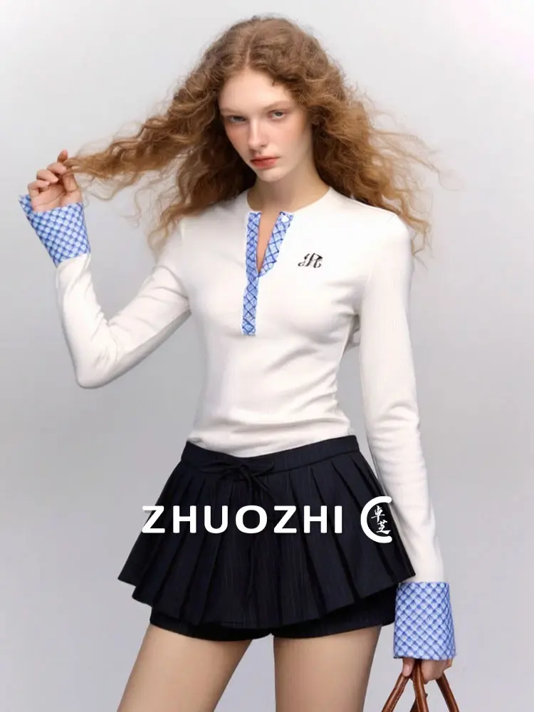 

Футболка ZhuoZhi Tennis в клетку с пэчворком, весенняя новинка, повседневный спортивный топ с полуоткрытой планкой на пуговицах, французский стиль, приталенный крой, креативный дизайн.