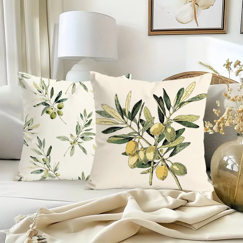 1pc Mediterranean Vintage Olive Twig Botanical Throw Pillow Cover 2D Double-Side Print Polyester Cushion Case for Bedroom Cot