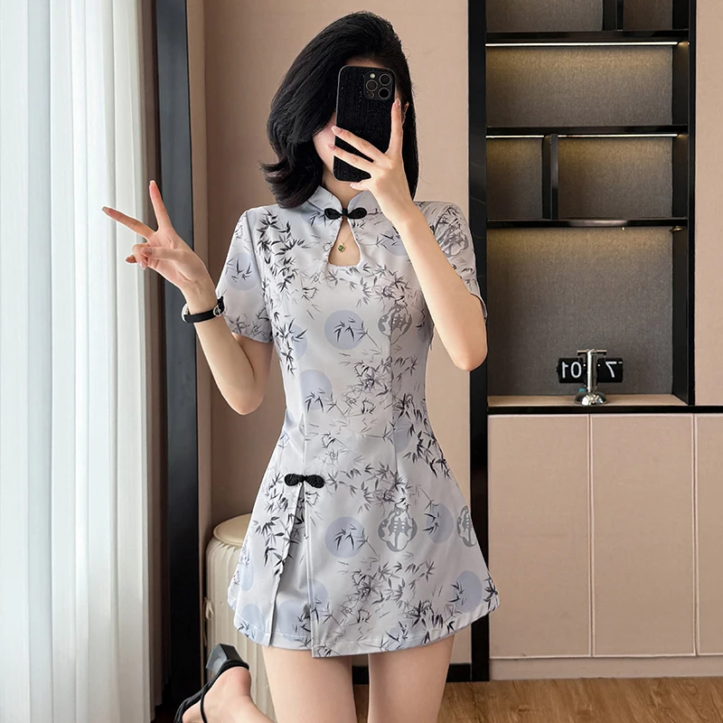 2025 Elegant Summer Chinese Style Outfit Women's Ink Print Patchwork Cheongsam Dress & Shorts Set Trend Two Piece Qipao Suits