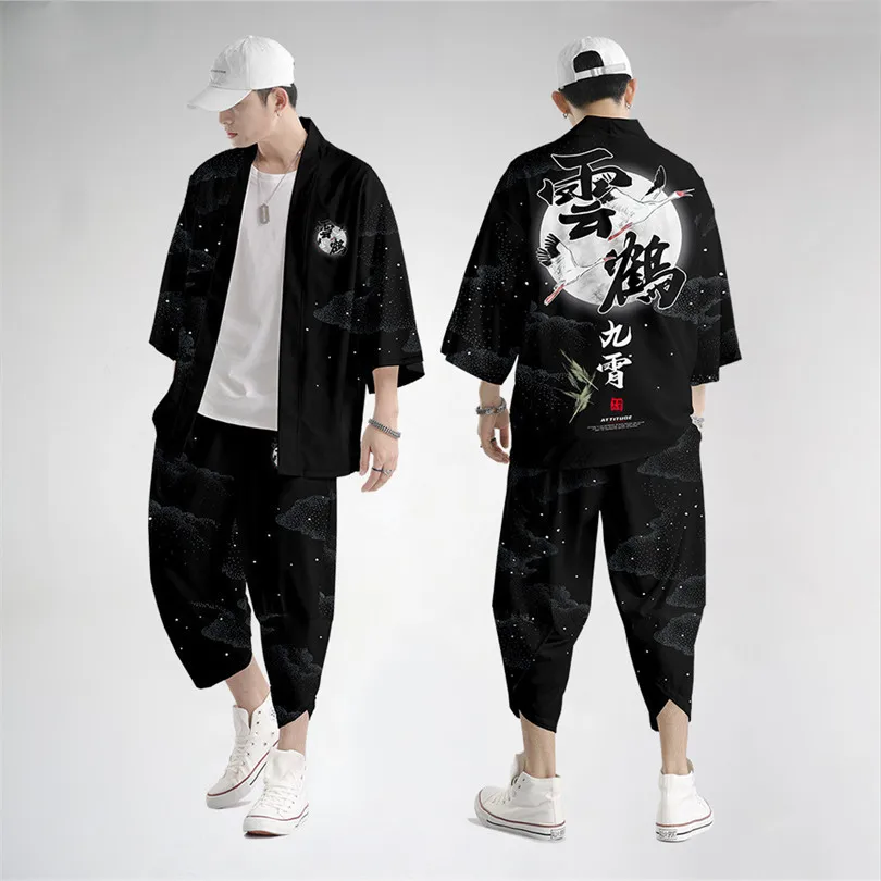 

Two-piece Suit Oversize XXS-6XL Japanese Style Fashion Kimono And Pants Set Men Cardigan Blouse Haori Obi Asian Clothes