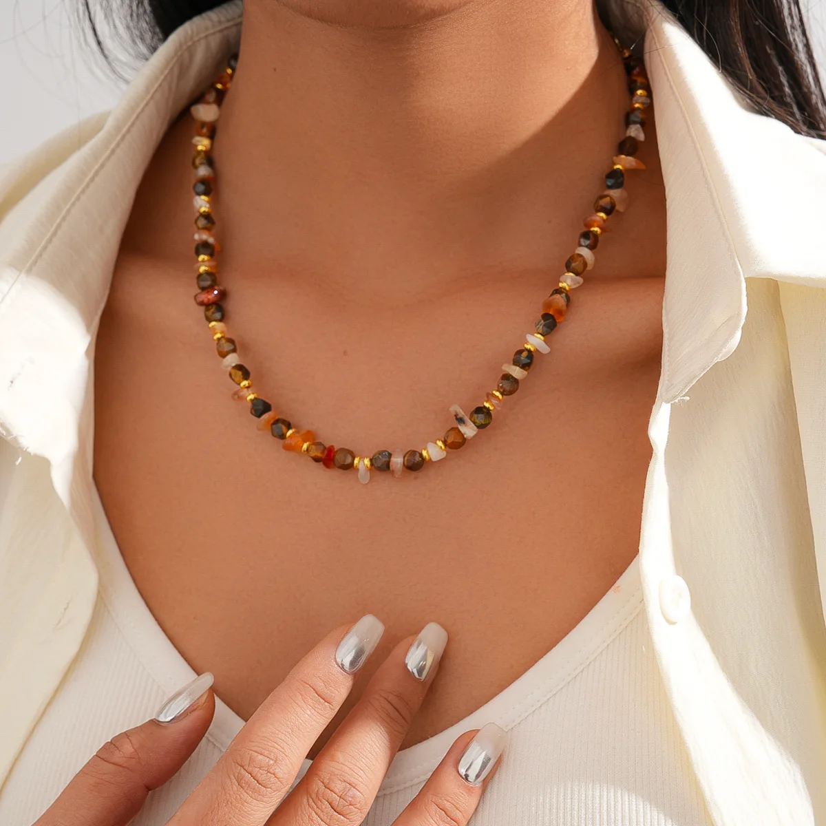 

Vintage Natural Tiger Eye Stone Chokers Necklaces for Women 2026 New Trendy Handmade Agate Beaded Neck Chain Jewelry Gift Bijoux