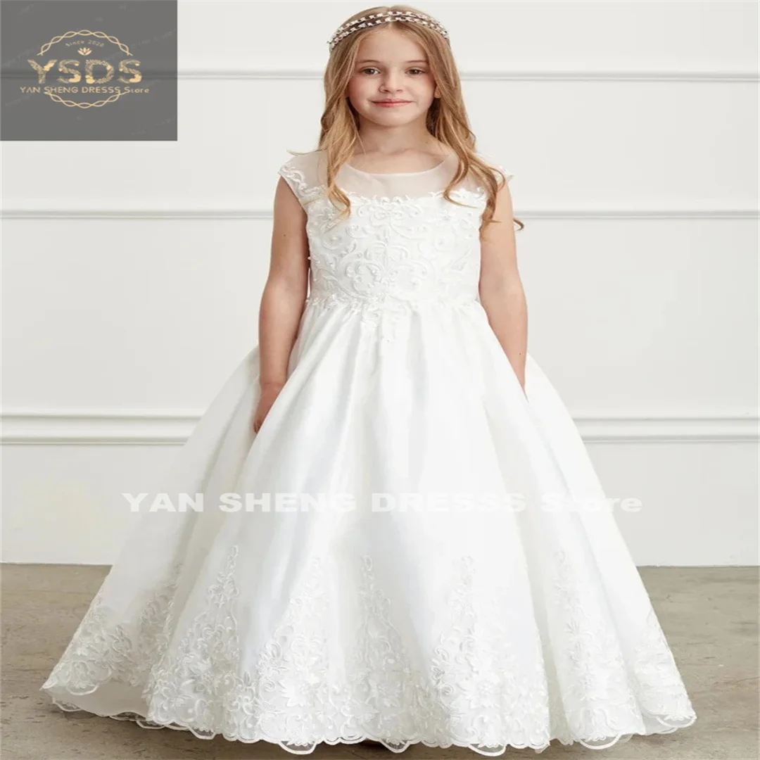 

Flower Girl Dresses White Lace Flory Appliques With Bow And Trailing Sleeveless For Wedding Birthday Party First Communion Gowns