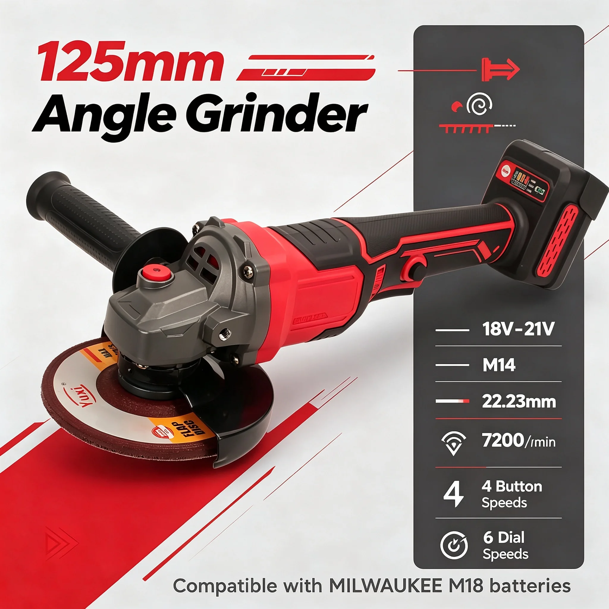 M18 Brushless 125mm M14 Cordless Electric Angle Grinder - Cutting Machine Power Tools Compatible with MILWAUKEE M18 Battery Pin