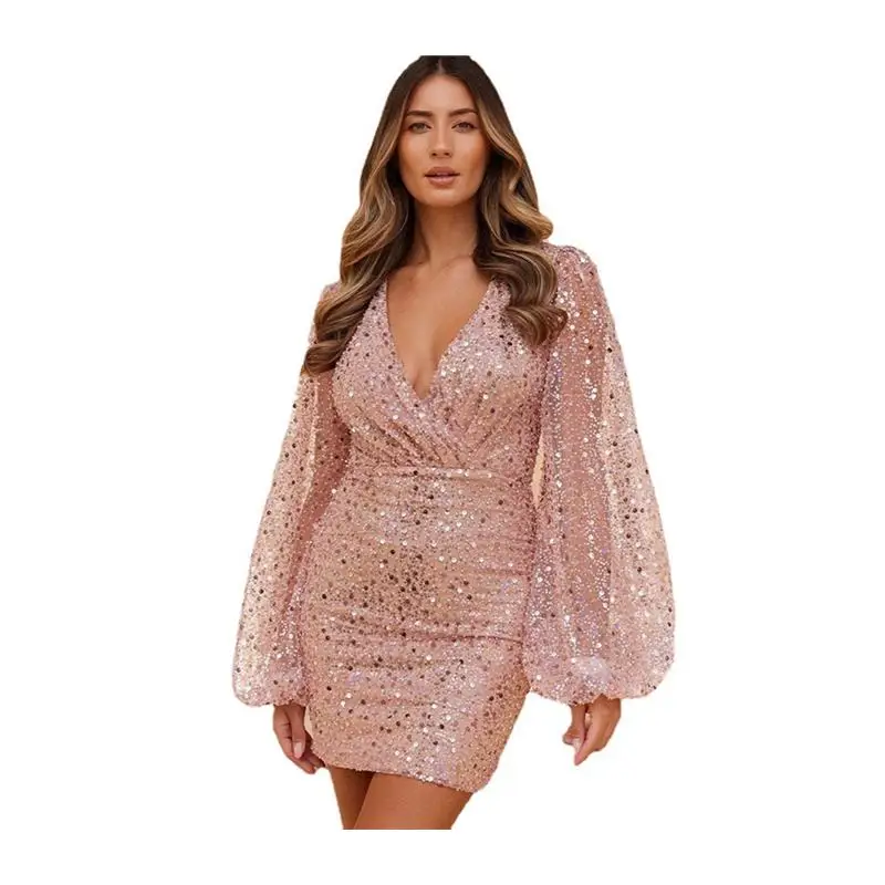 2024 Neues Wi Long Sve V-Ne Glitter Taillen-Cinching Bodycon ort Dr Cross-Border Damen Faion Polyestermaterial