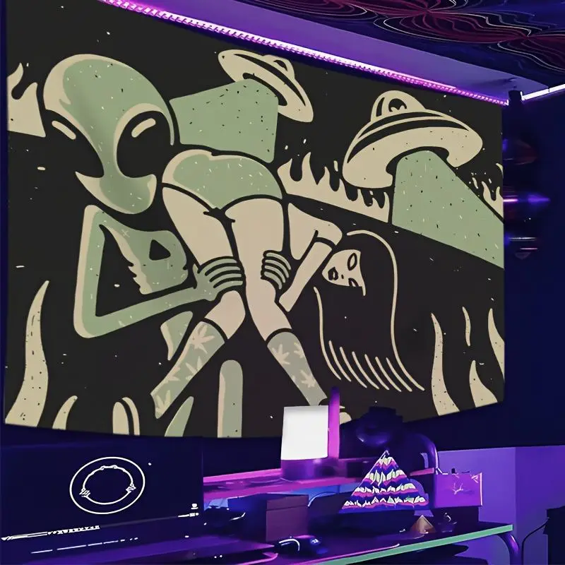 VIKAMA Retro Alien Abduction Tapestry Black Cream UFO Spaceship Funny Wall Hanging Indie College Dorm Room Decor Poster