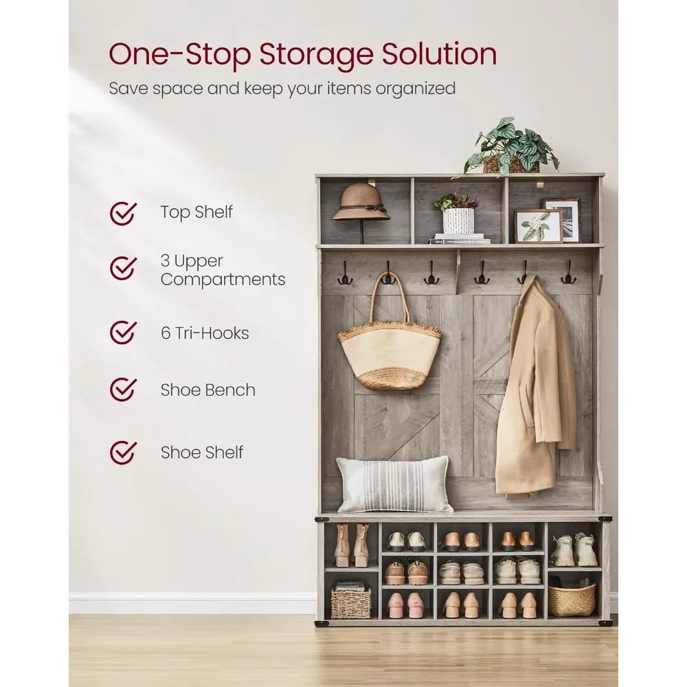 Hall Tree with Bench and Shoe Storage, Coat Rack with Shoe Bench, Entryway Furniture, 16 Open Compartments & Adjustable Shelf