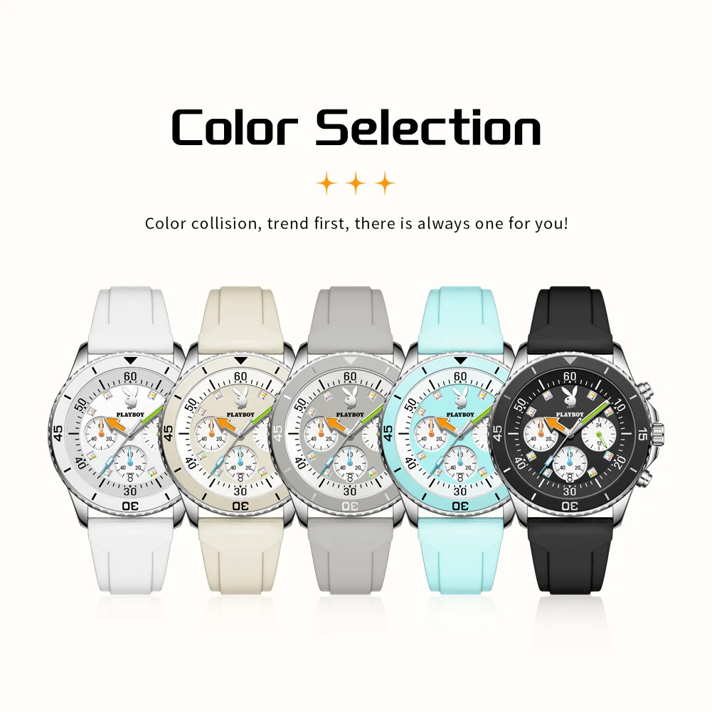 PLAYBOY Top Brand Original Silicone Strap Multifunction Quartz Watches for Men Best Selling Fashion Trend Men's Wrist Watches