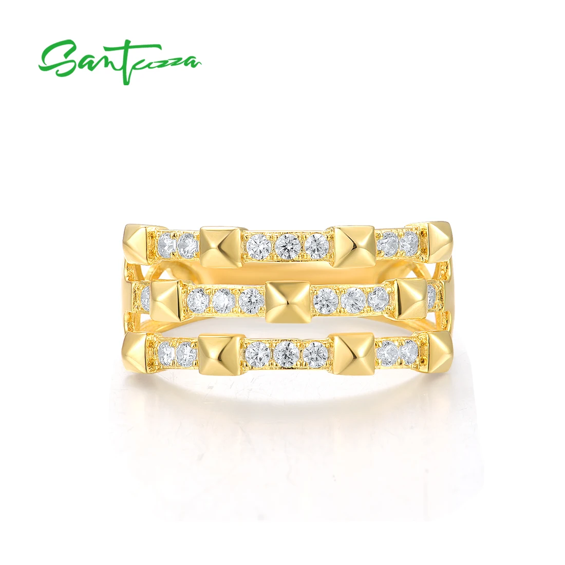 SANTUZZA Genuine 925 Sterling Silver Ring For Women Sparkling White Cubic Zircon Geometric Classic Wedding Gifts Fine Jewelry