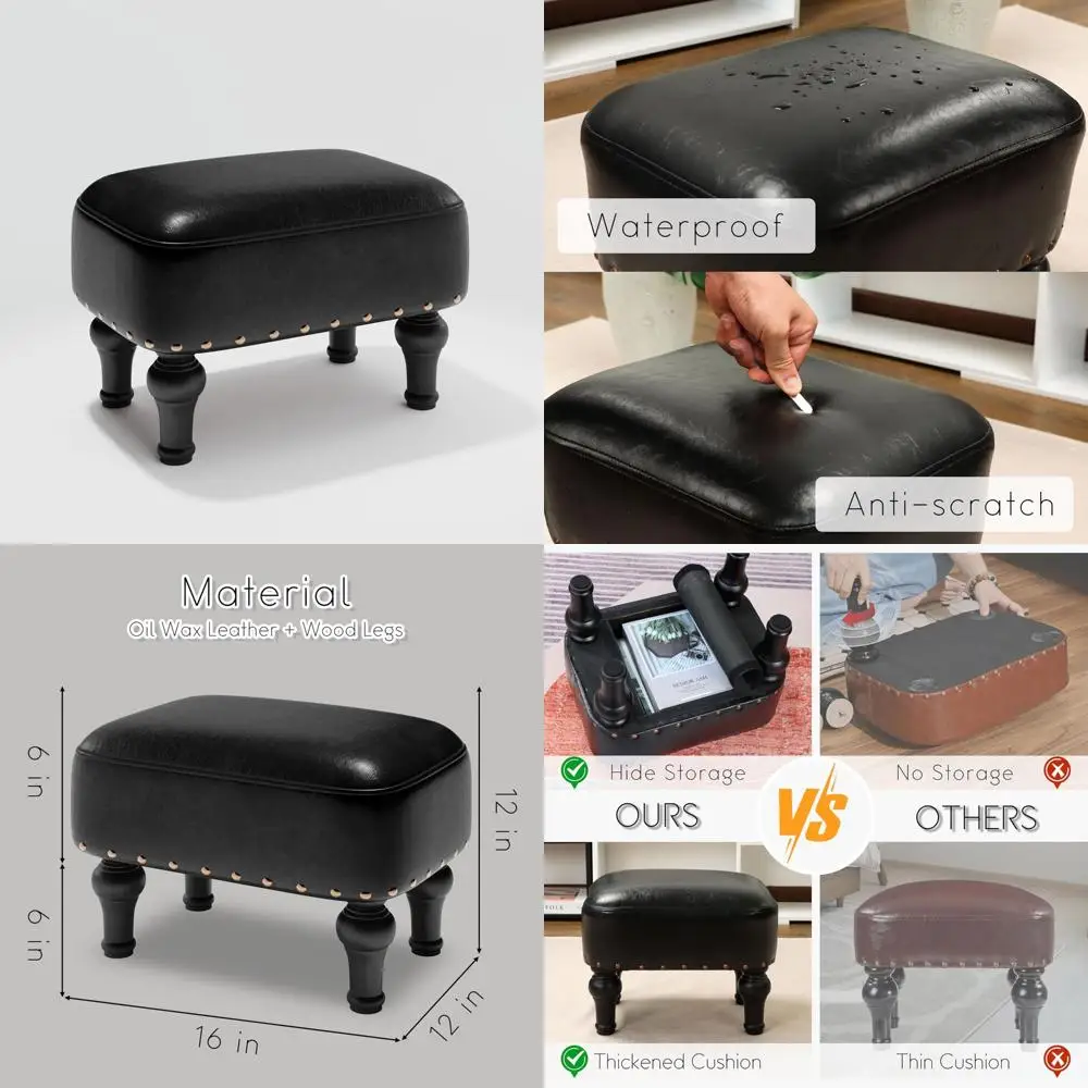 

Черная османская кожаная подставка для ног с мягким сиденьем и деревянными ножками
