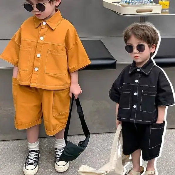 Fashion Clothes Boys Short Sleeved Top 2022 Summer New Children Clothes Solid Color Clothes Shirt Cute Capri Pants Two-piece Set