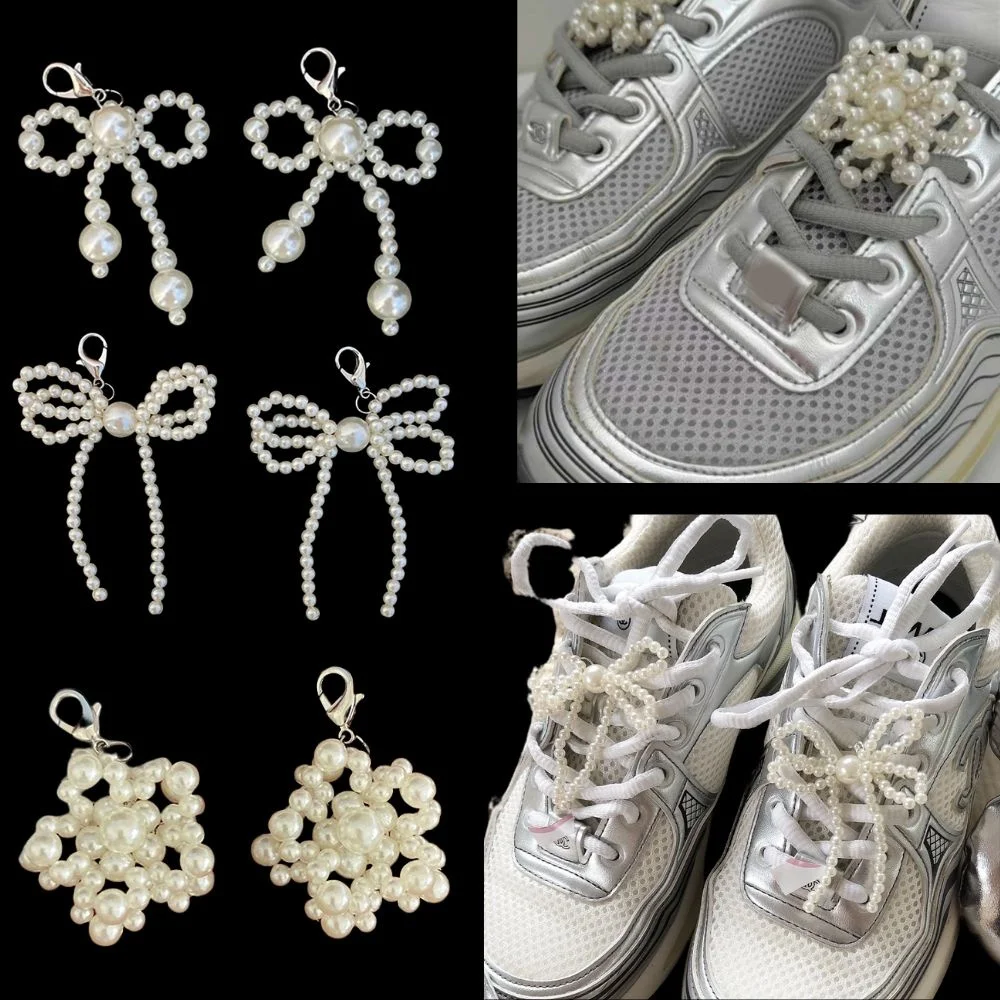 Korean Pearl Bowknot Shoe Buckle INS Handmade Bead Bowknot Charm Shoes Clip DIY Shoe Decoration Ornament Bag Pendant Keychain