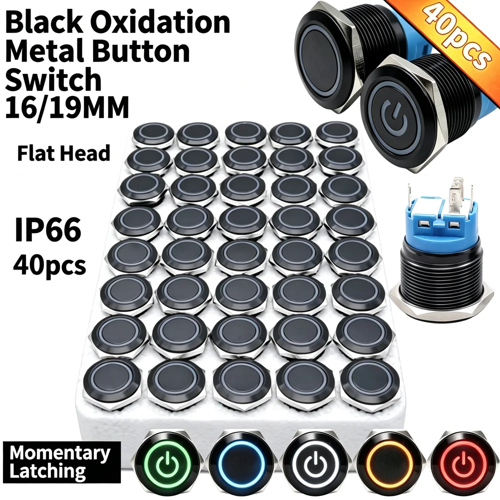 40Pcs 16/19mm Black Oxidation Metal IP66 LED Push Button Flat Head Momentary Latching Switch 5V 12V 24V 220V Auto Industrial Red