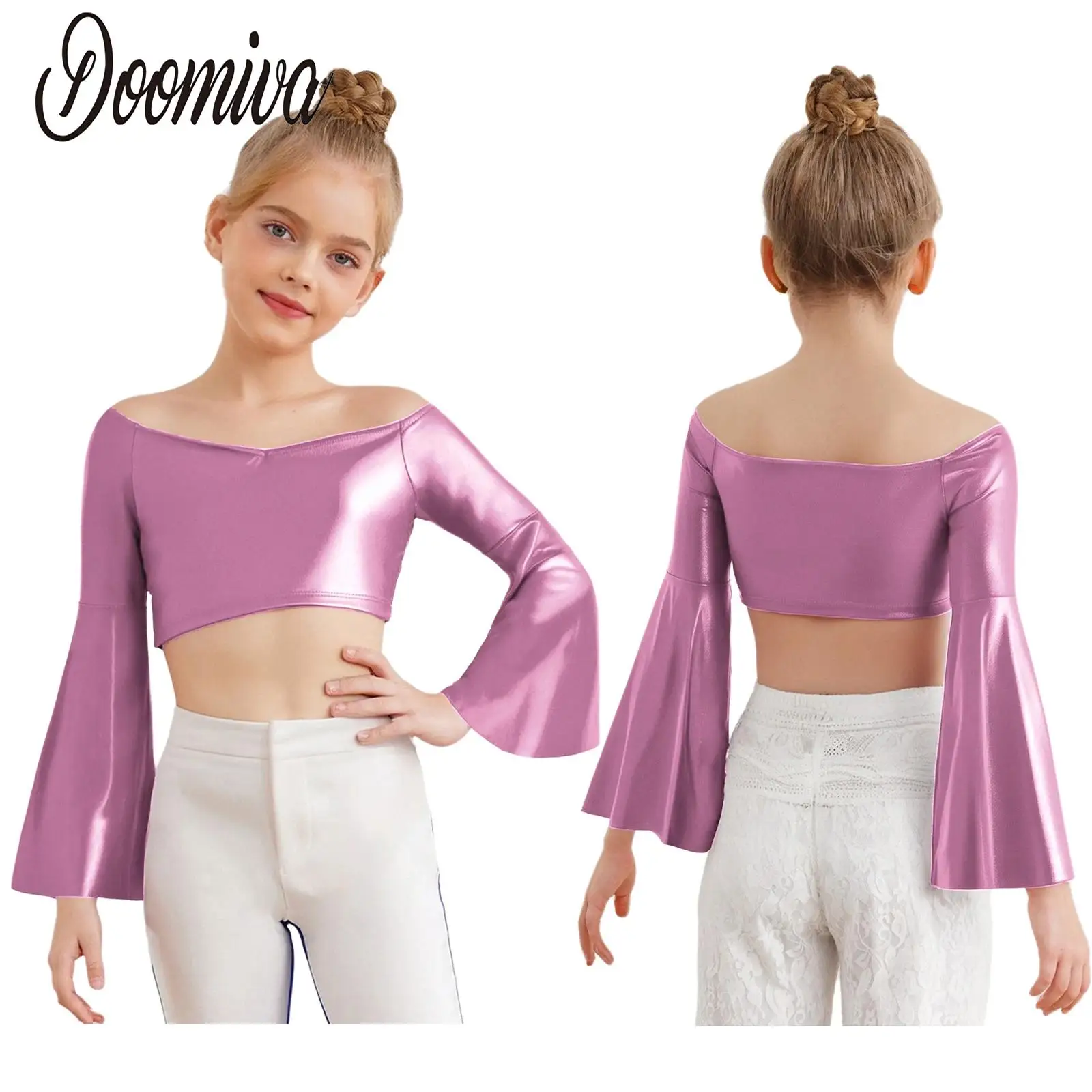 

Girls Metallic Jazz Dance Costume Modern Contemporary Dancewear Long Sleeve Off-Shoulder Crop Tops for Party Stage Performance