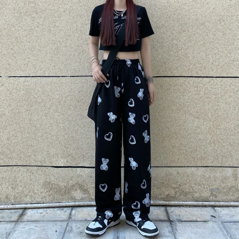 

pants female ins Japanese cartoon printing trousers female high waist black straight pants male couple loose bf wide leg pants