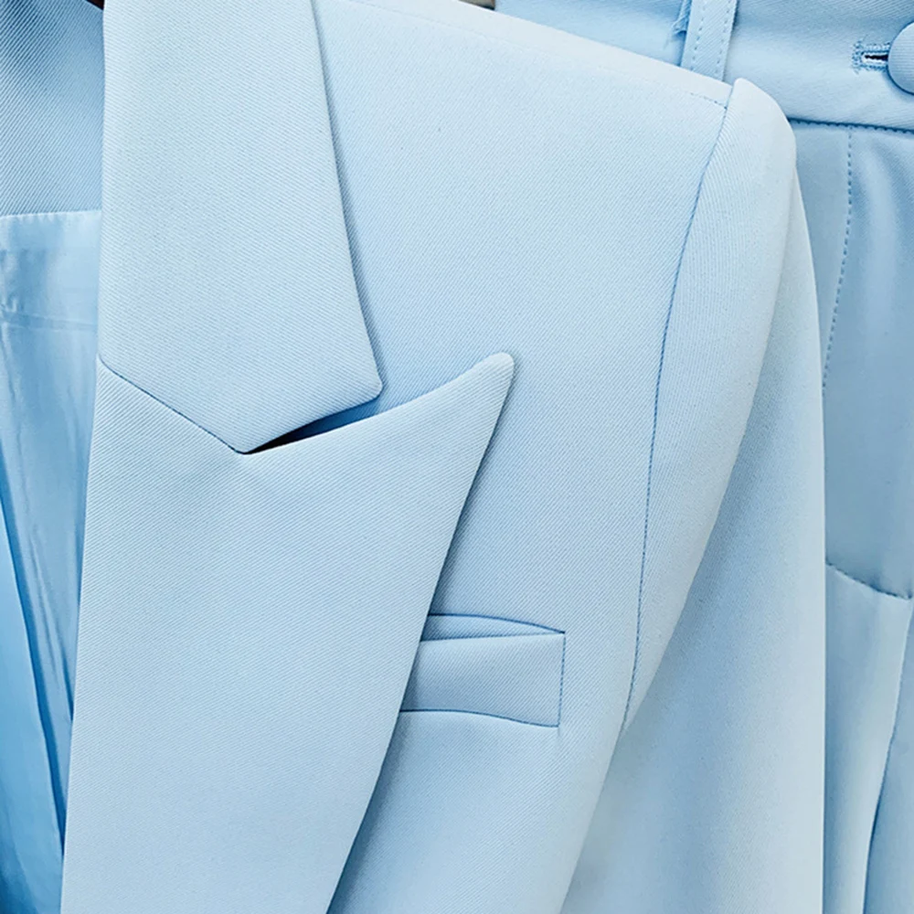 Sky Blue One Button Solid Blazer Flared Trousers Women Set Elegant Office Lady Coat Pants Suit