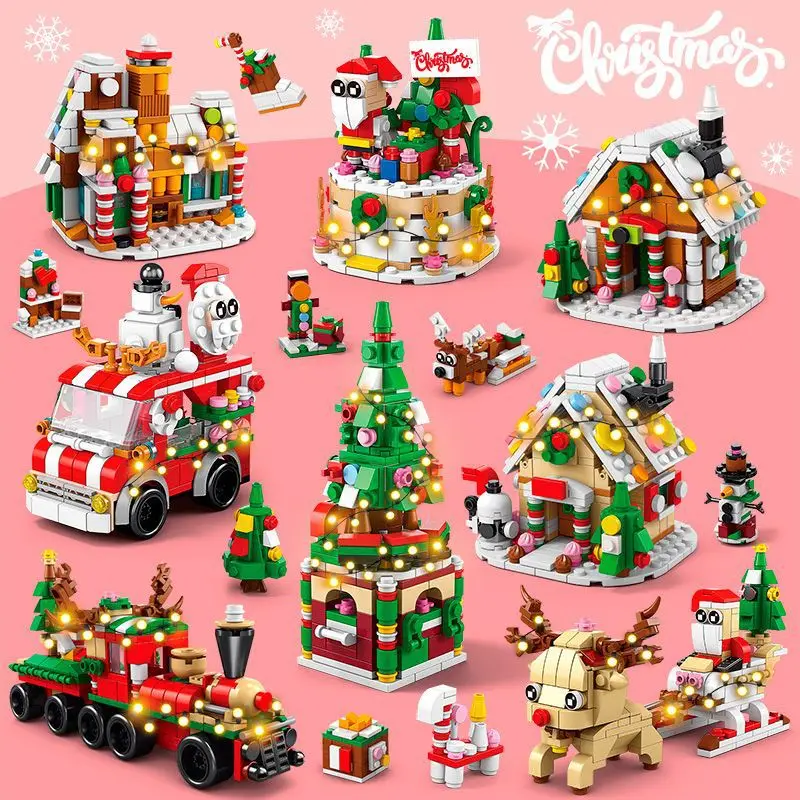 6 in 1 Christmas Gift for Kids Series Building Blocks Set with Light Creative Train Village House DIY Bricks Toys Xmas Gift