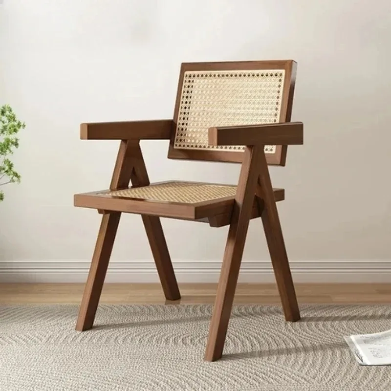 Modern Wooden Armchair with Rattan Design for Dining and Living Room Furniture Mid-Century Dining Chair with Wooden Legs