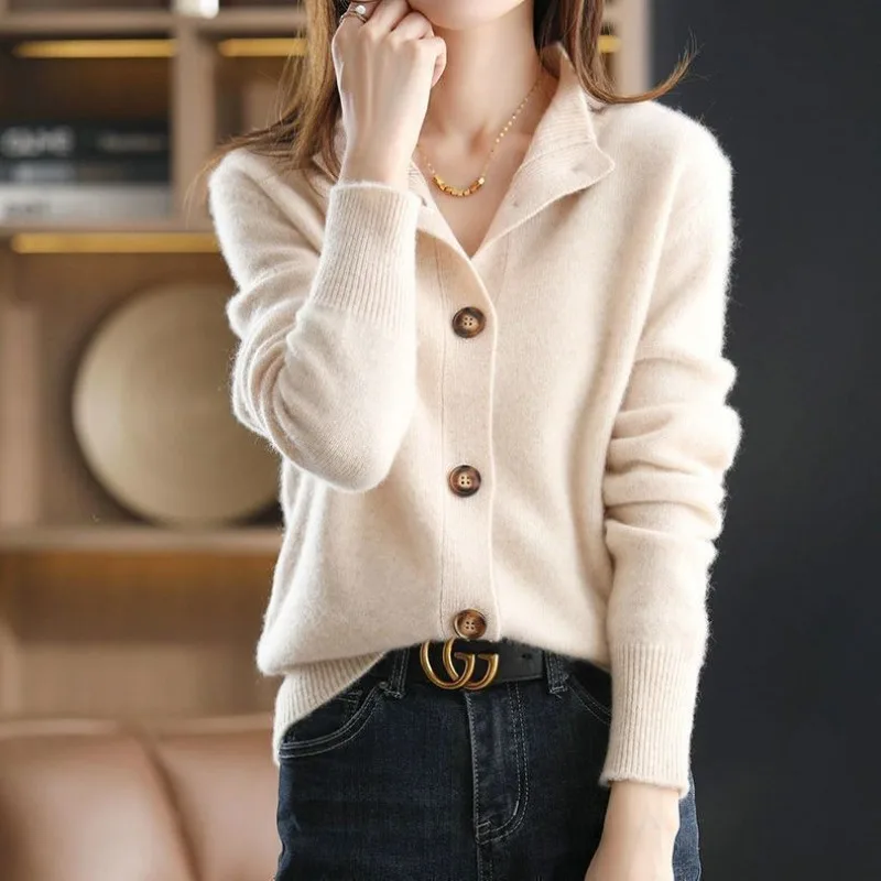 

Stand-up Collar Knitting Cardigan Coat Women Autumn Winter Simplicity Office Lady Solid Color Sweater All-match Knitwear Tops
