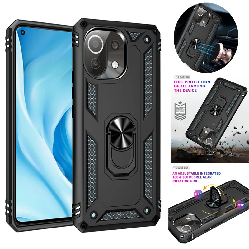 Shockproof Armor Case For Xiaomi Mi 11 Lite 5G Mi11 Car Magnetic Holder Ring Stand Back Cover for Mi 11 Pro 11i  Anti-Fall Coque