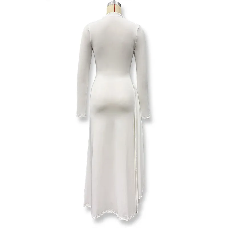 Patchwork Gerafftes Bandkleid für Damen Sexy Rollkragen Elegantes Hochgeschnittenes Abendkleid mit Langen Ärmeln – Detail 12