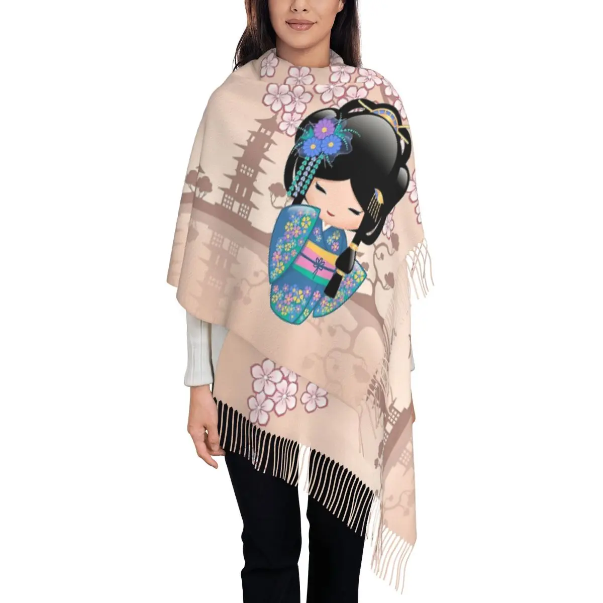 Japanese Keiko Kokeshi Doll Scarf for Women Fall Winter Cashmere Shawl Wrap Large Shawl Scarf Ladies