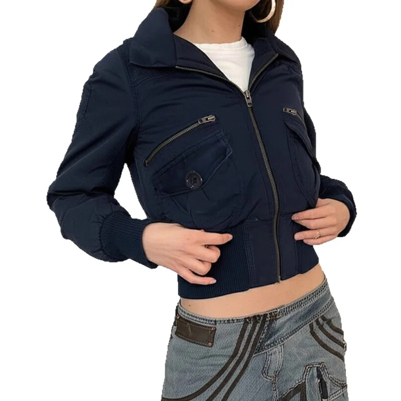 

Autumn Blue Turn-down Collar Cargo Jacket For Women Casual Long Sleeve Zipper Slim Coat Y2k Streetwear Pocket Outerwear