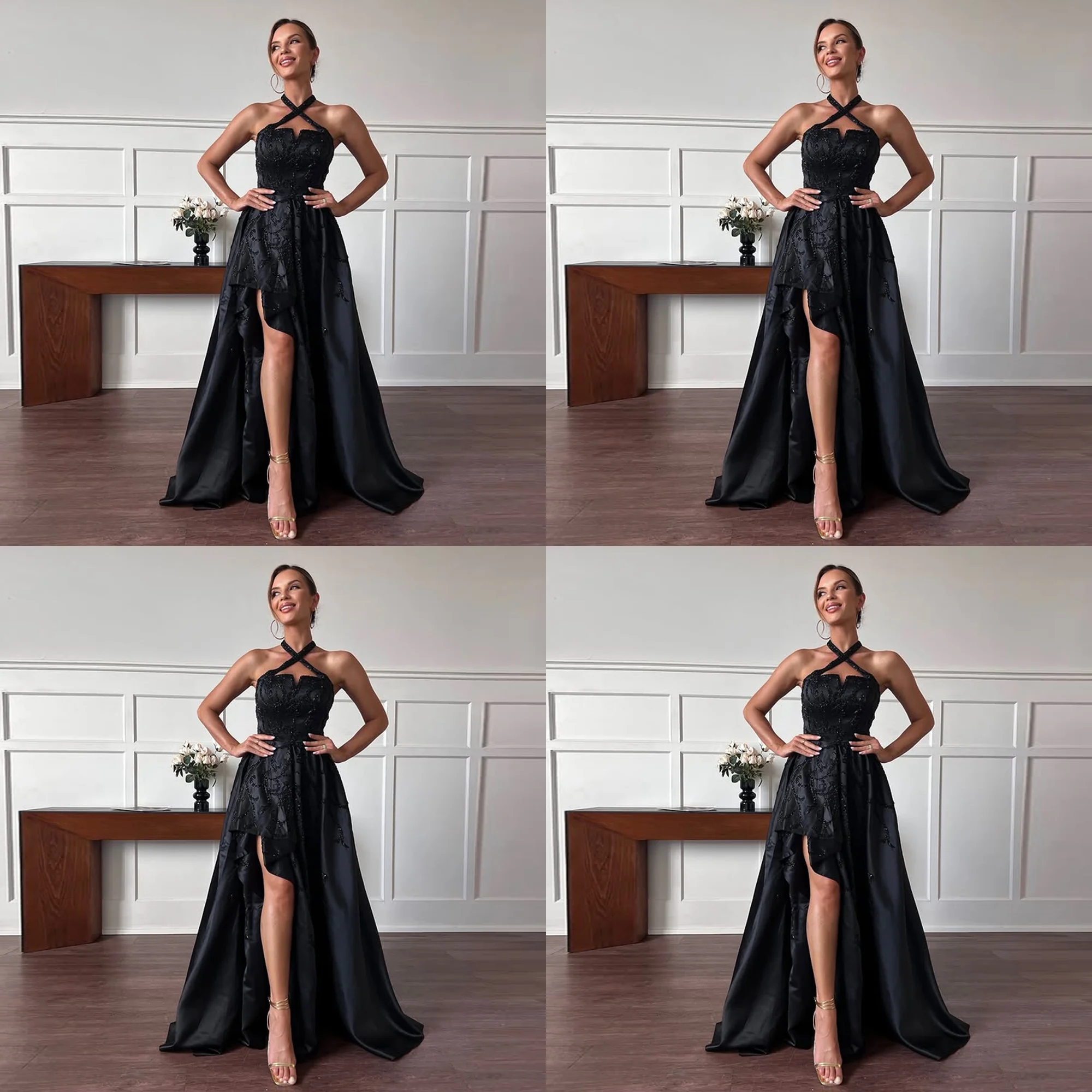 

Modest Halter Satin Sequins Lace A-line Evening Party Dress Backless Side Slit Prom Party Gown with Train Custom Made