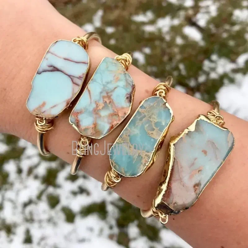 10pcs Natural Stone African Opal Bangle Bracelet Gold Color Stainless Steel Cuff Women Bridesmaid Gift Boho Wedding Jewelry