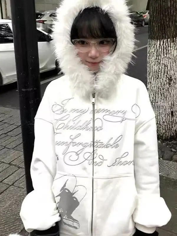American High Street Style Women's Hooded Jacket Coat Fur Collar Oversized Long Sleeve Zipper Closure Casual Outerwear
